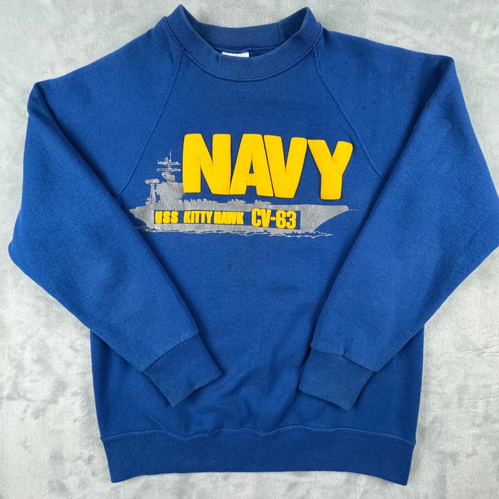VINTAGE 80's NAVY USS KITTY HAWK CV-63 SWEATSHIRT RAGLAN SLEEVE MADE IN‎ USA L